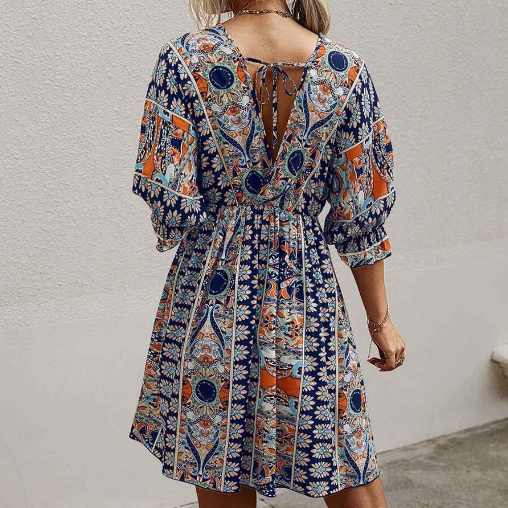 Boho Blue Orange Paisley V neck Gypsy Mini Dress - Picture 13 of 16
